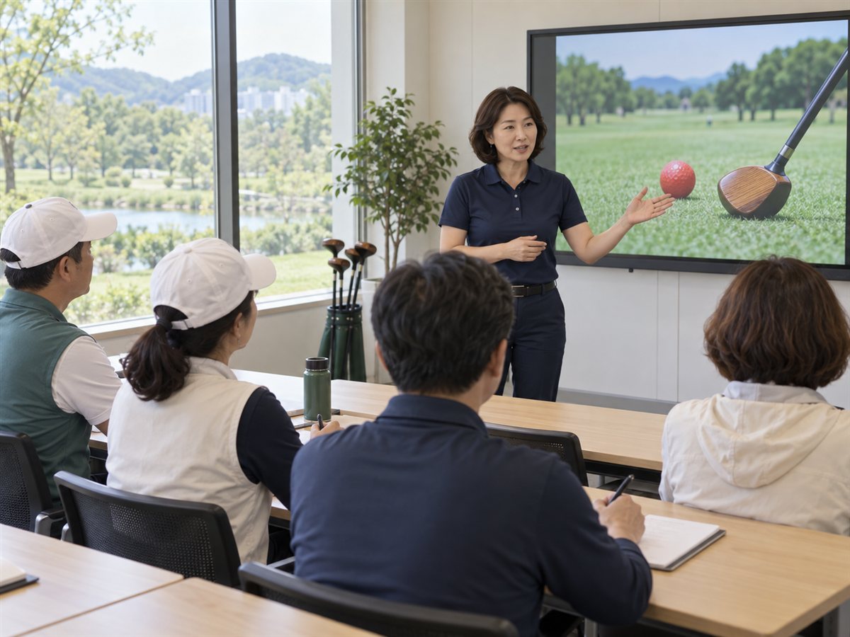 강사가 교육생에게 파크골프 이론을 설명하는 교육 예시